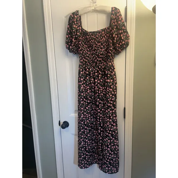 BTFBM Floral Smocked Cottagecore Maxi Dress Puff Sleeve Black Pink Large - Image 2
