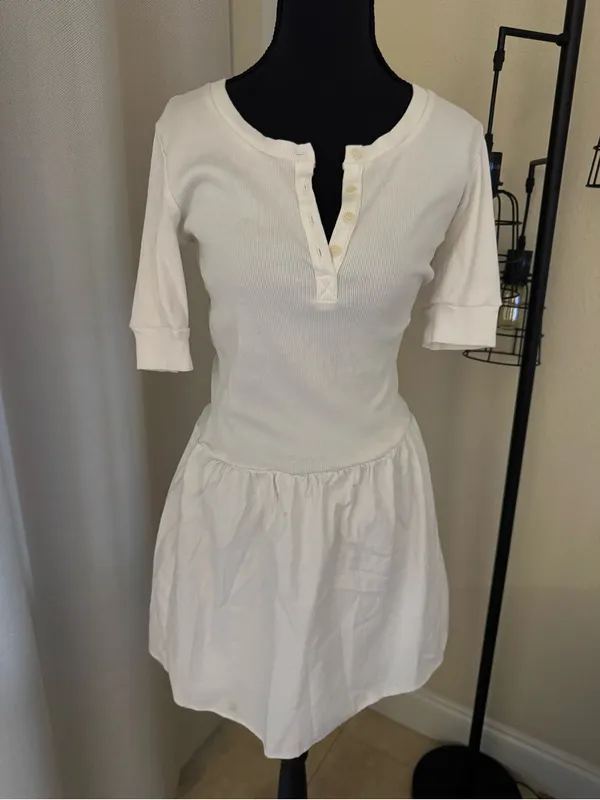 Reformation White Rib Knit Drop Waist Mini Dress Large Organic Cotton - Image 2