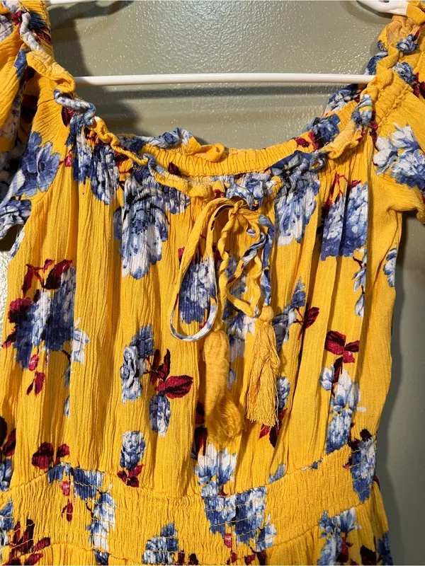 Womens Off Shoulder Mini Dress Yellow Burgundy Blue Floral Smocked Elastic Waist - Image 4