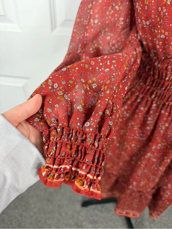 Max Studio Floral Smocked Waist Mini Dress Size S Rust Red Boho Fall - Image 7