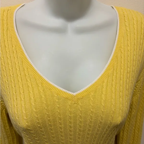 Lauren Ralph Lauren Cable Knit 100% Cotton V Neck Sweater Sz M Yellow White Trim - Image 3