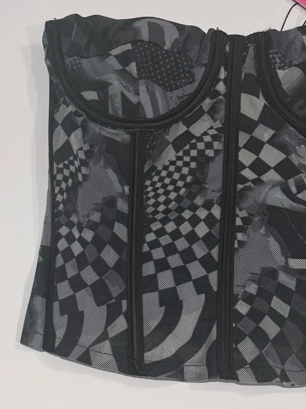 Y2K Mall Goth Checkerboard Mesh Corset Top Edikted NWT XS - Image 6
