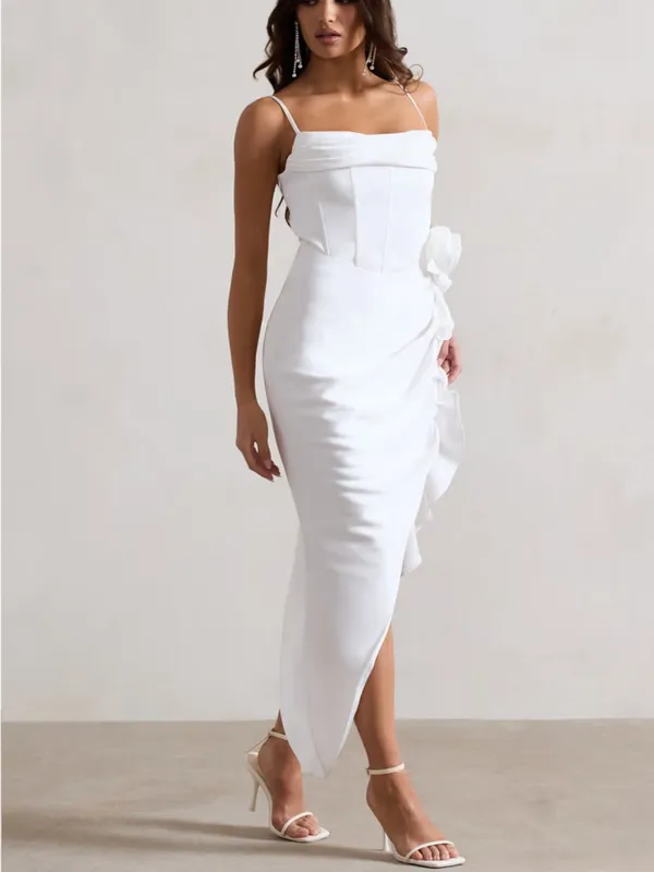 Club L London On The List White Asymmetrical Corset Midi Dress Floral Drape $145 - Image 15