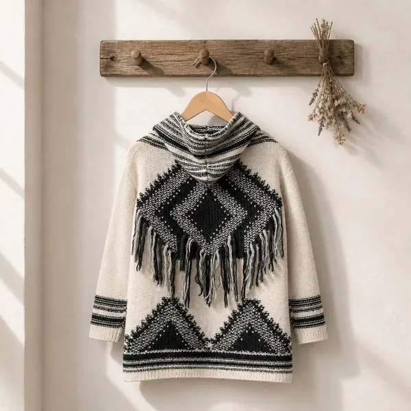 AQUA Women's Hooded Knit Zip-Up Sweater with Aztec Pattern and Fringe Detail - Image 11