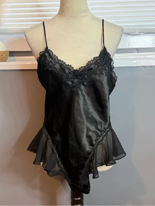Black Satin Lace-Trim Camisole Slip with Sheer Ruffle Hem - Image 3