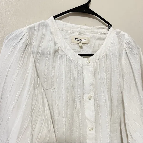 Madewell White Shimmer Stripe Button-Down Peasant Top - Image 3