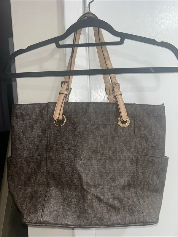 Michael Kors Large Jet Set MK Logo Brown Leather Tote Bag Purse - Image 4