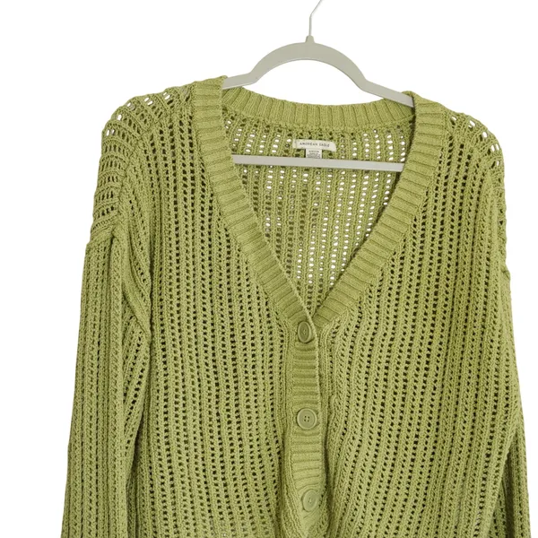 American Eagle Small Sage Green Open Knit Cropped Cardigan Sweater Distressed - Image 2