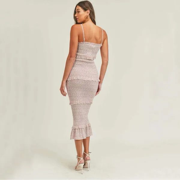 Mabel Daphne Ditsy Flower Ruffe Trim Smocked Midi Long Tube Dress Pink‎ Large - Image 5