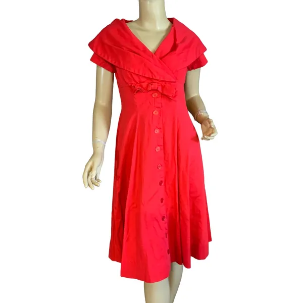 Vintage 1950'S Handmade Square Pattern Red Cotton Day Dress (S) - Image 2