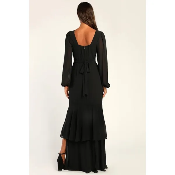 Lulus Tier Elegance Black Long Sleeve Tiered Maxi Dress Slit V Neck L - Image 4