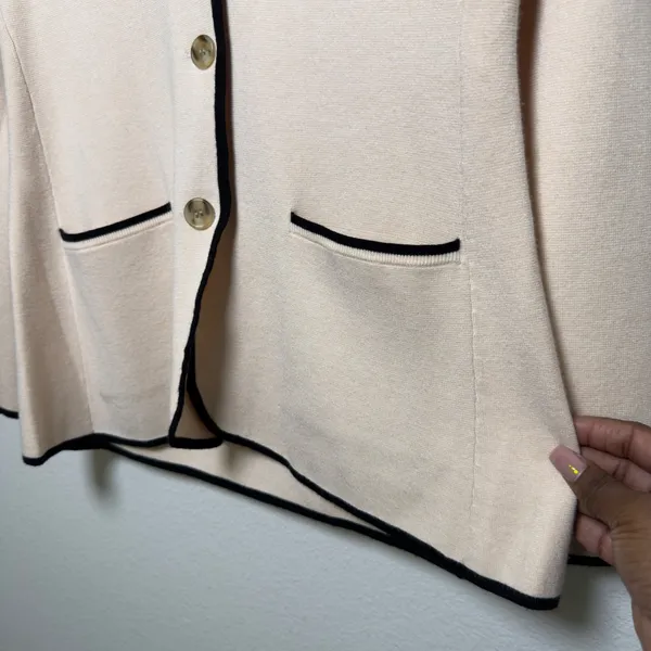 J. Crew Women Knit Blazer Cardigan Jacket‎ Small Beige Tipped Contrast Office - Image 5