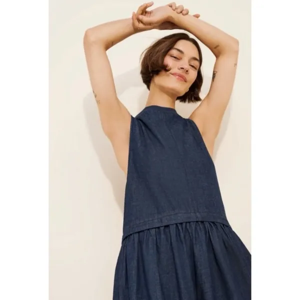 Free People Retro 90s Soraya Dark Denim Drop Waist Midi Jumper Dress Size Large - Image 10