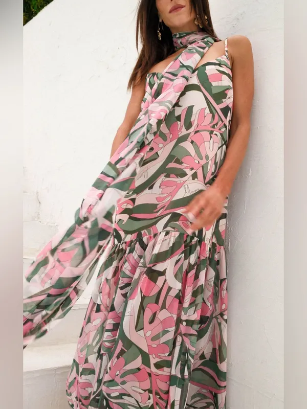 Show Me Your Mumu Dalia Maxi Dress Size M with scarf flamingo palms floral nwot - Image 2