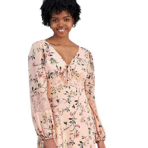 NWT Tinsel Juniors V-Neck Scallop Lace-Trim Floral print Midi Dress Pink Multi M - Image 4