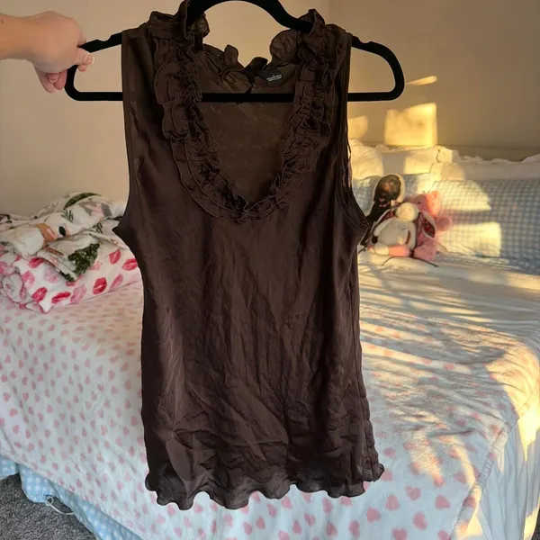 New directions Brown Oversized Drapey Ruffle Blouse Size L - Image 7