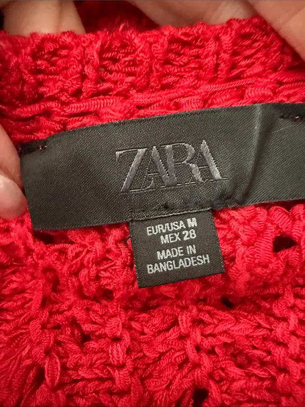 Zara Red Crochet Knit Short Sleeve Button Up Cardigan Sweater - Image 3