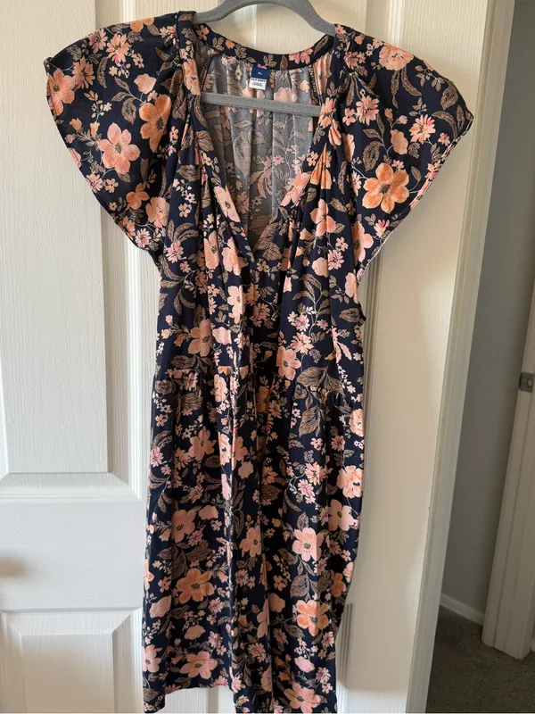 Old Navy Floral Flutter Sleeve Tiered Midi Dress Navy Peach Size XL - Image 2