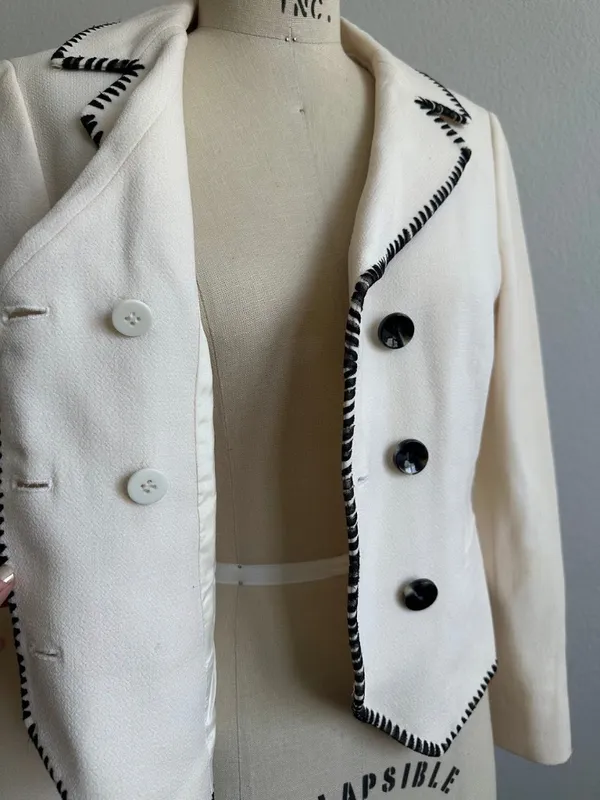Tahari Womens Wool Blazer Cream Black Contrast Stitch Size 4 Vintage - Image 12