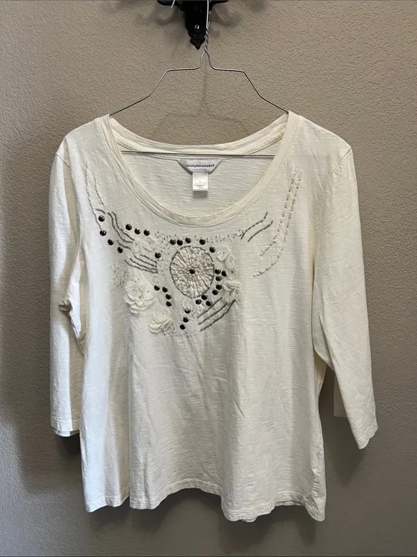 Christopher & Banks Cream Embroidered Scoop Neck Long Sleeve Top - Image 4