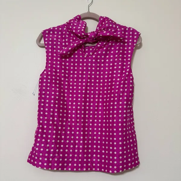 Vintage J. Crew Pink Silk Polka Dot Sleeveless Tie Back Top - Image 4
