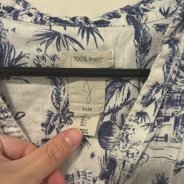 Joie 100% Linen Blue Farm Tropical Horse Vacation Patterned Blouse Size Large - Image 2