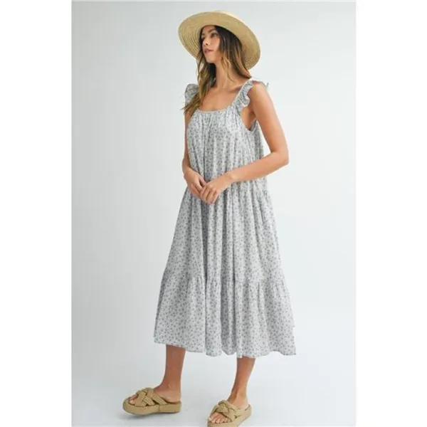 MABLE Floral Ruffle Shoulder Tiered Midi‎ Dress - Image 3
