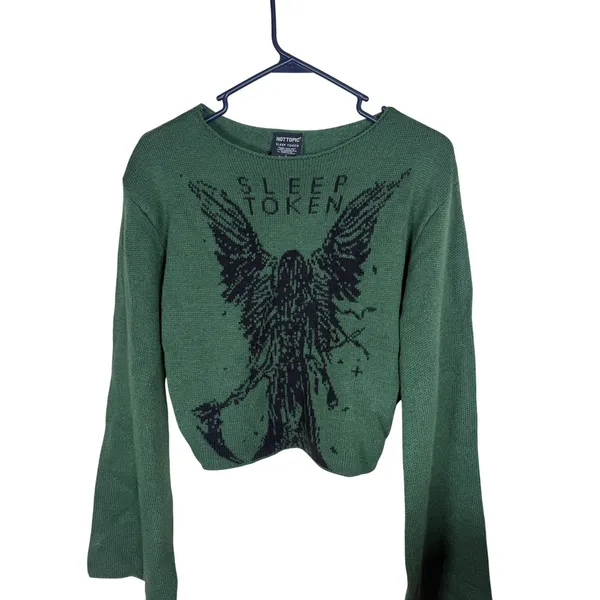 Hot Topic Sleep Token Green Cropped Knit Sweater Bell Sleeve Large - Image 2