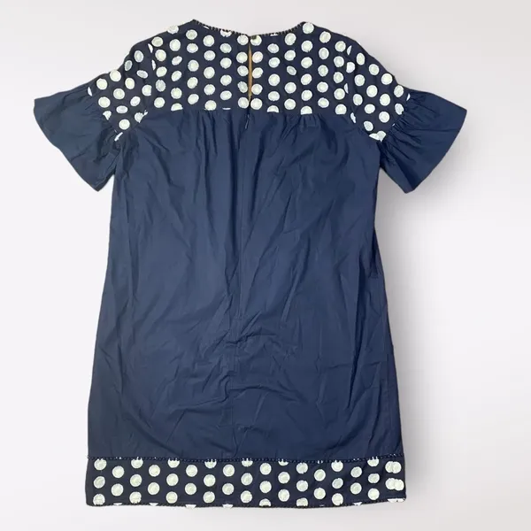 J.Crew Navy Blue White Bell Short Sleeve Fringe‎ Polka Dot Shift Dress Size 8 - Image 5