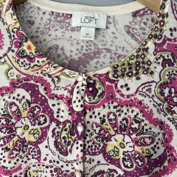 Ann Taylor LOFT Cardigan Size Medium Paisley Pima Cotton Sweater Preppy Office - Image 5