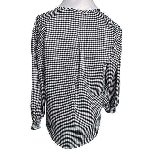 Gingham Black and White Plaid Gingham Bow Tie Front Blouse Long Sleeve Medium - Image 4
