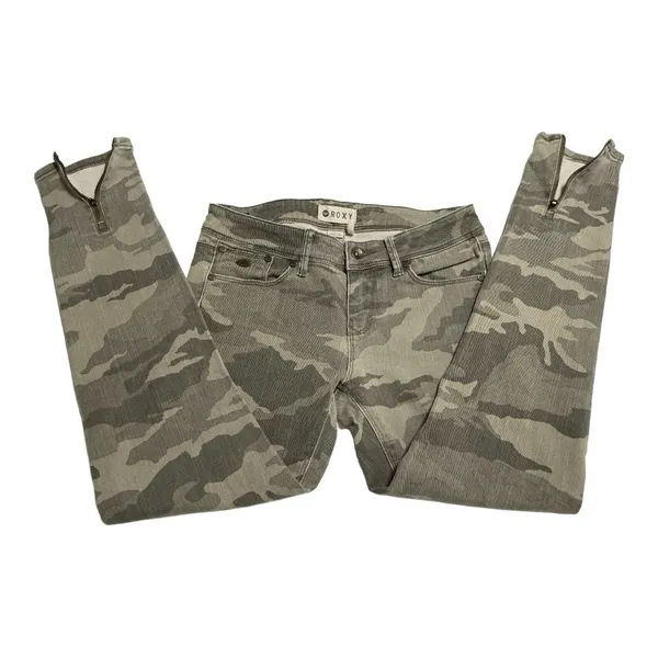 Roxy Sunstrippers Camo Skinny Jeans Size 26 Green Gray Ankle Zip Stretch Pants - Image 6