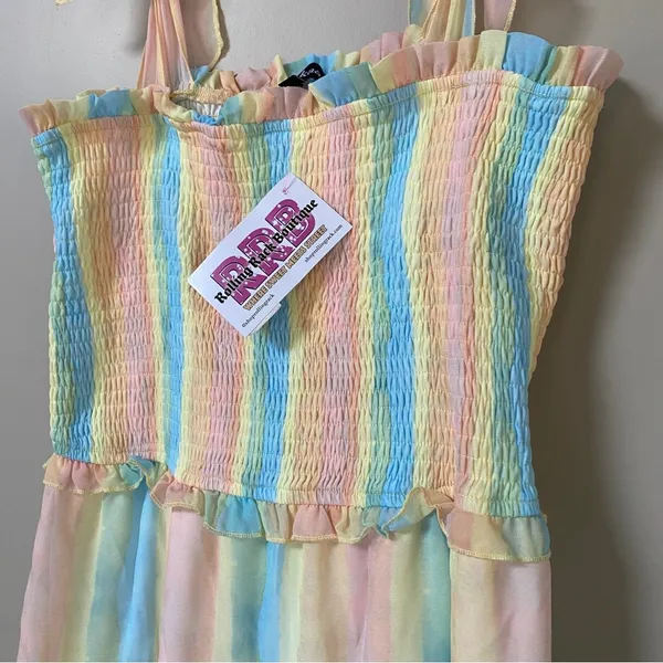 Aakaa NWT pastel rainbow smocked ruffle tiered shoulder tie midi dress Sz Large - Image 12