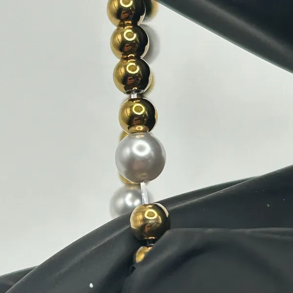 Womens Pearl Gold Chunky Bead Stretch Bracelet 18k Plated Saphir New - Image 4
