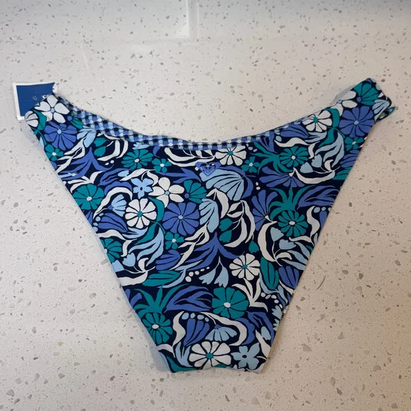 Roxy Reversible Bikini Bottoms Blue Floral Geometric Print Size Medium M‎ NWT - Image 2
