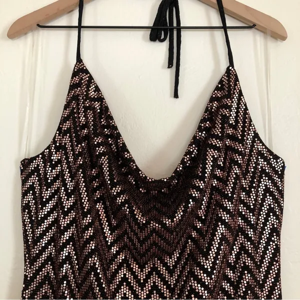 Curvy Sense Sequin Zigzag Striped Black Rose Gold Halter Bodycon Mini Dress 2X - Image 3