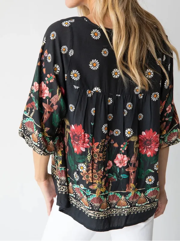 Natural Life Women’s Maribel Top Blouse Rayon in Black Floral Mushroom M - Image 2