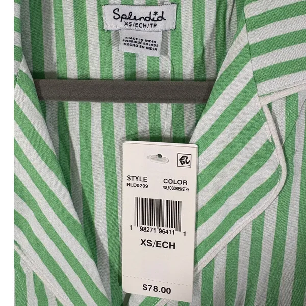 Splendid Notch Collar Cropped Pajama Set Fog Green Stripe XS RLD0299 - Image 2