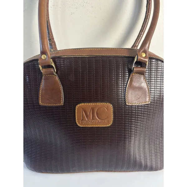 Vtg MC Buenos Aires Woven Brown Argentina Leather Satchel Bowling Bag Embossed - Image 6
