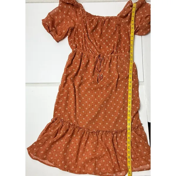 Lucky Brand Rust Dress Shimmer Peasant Boho Tiered Size M Midi‎ Puff Sleeve New - Image 3