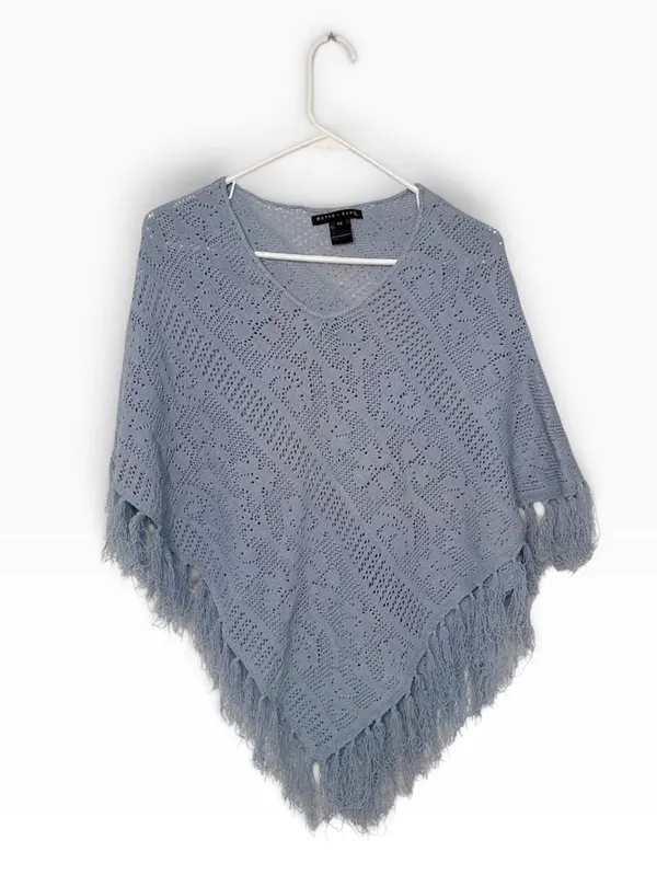 Bette Sung Crochet Knit Poncho Size OS Light Blue Geometric Fringe - Image 6