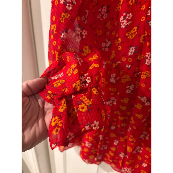 Free People‎ Red Floral Smocked 3/4 Sleeve Boho Smock Top Sz 10 - Image 2