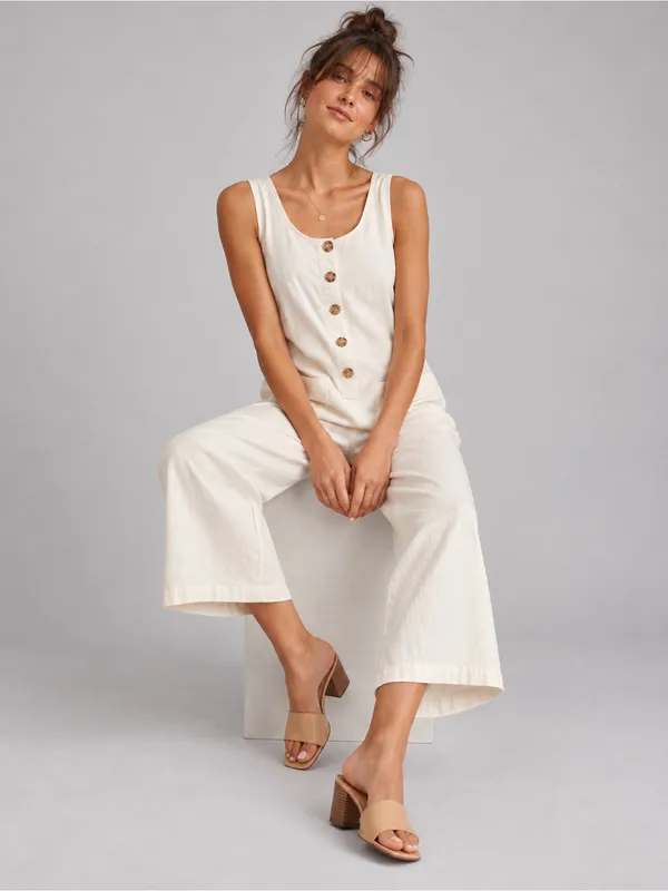 Marine Layer XS Ivory Sleeveless Button Front Wide Leg Cropped Jumpsuit Pockets - Image 4