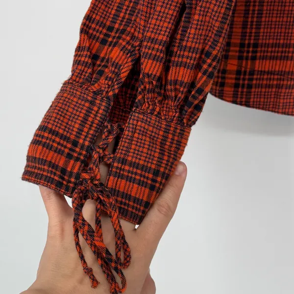 Free People We‎ The Free Womens Large Orange Black Plaid Puff Sleeve Button Down - Image 3