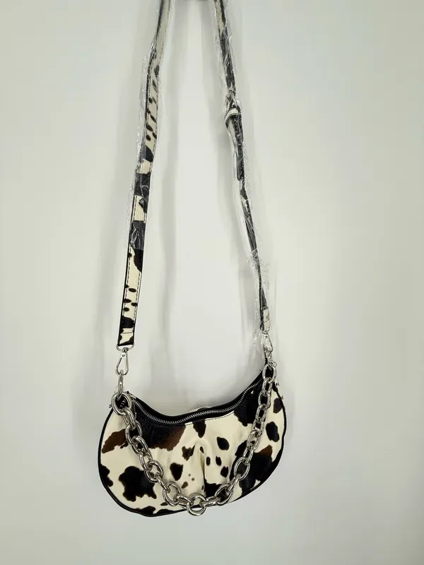 Cow Print Crossbody Purse Handbag Small Shoulder Bag Silver Chain Zip Closure - Image 6