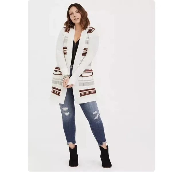 Torrid Ivory Colorful Stripes Shawl Knit Open Front Cardigan‎ Sweater Size 2X - Image 2