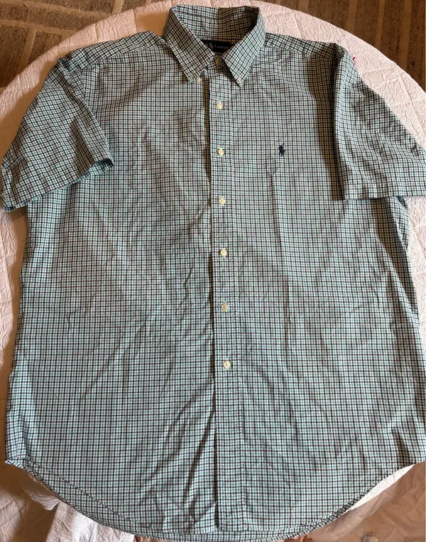 Ralph Lauren Short Sleeve Green and white Checkered button-up shirt Size L - Image 2