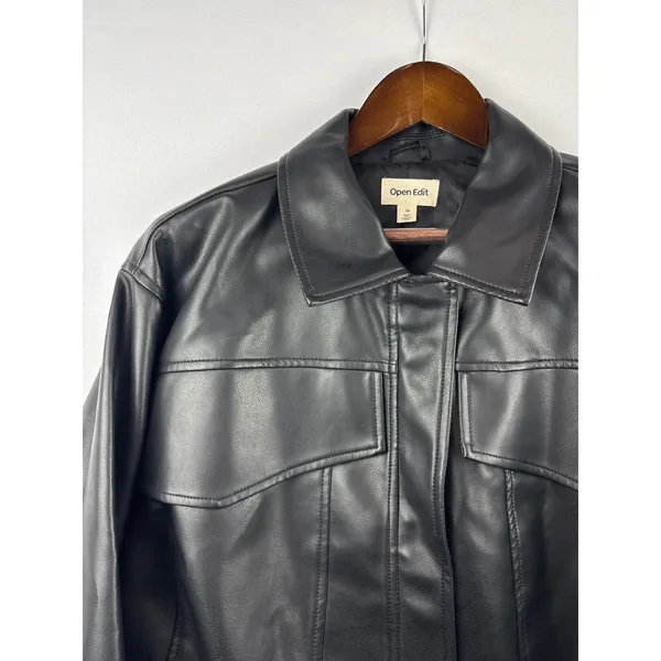 Women’s Open Edit Size 1X Black Faux Leather Biker Jacket - Image 2