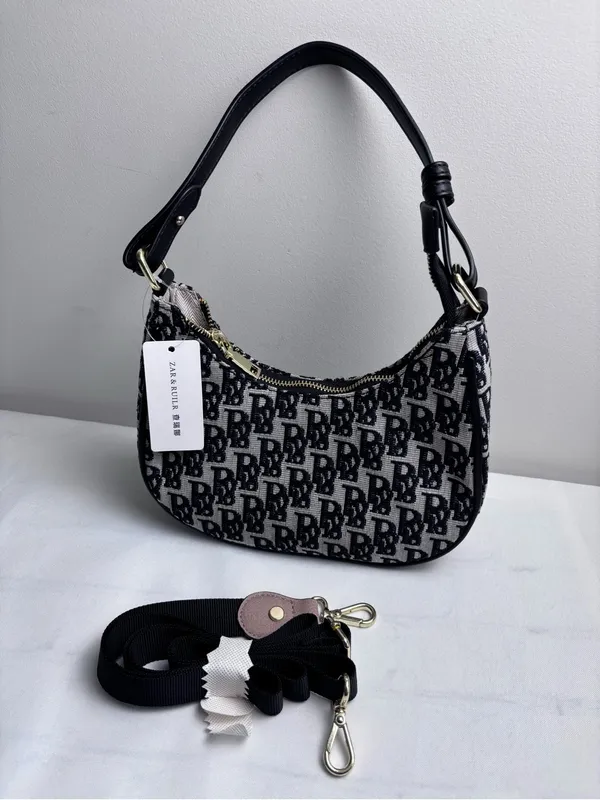ZAR & RUILR Monogram Shoulder Bag With Crossbody Strap NWT Canvas Black White - Image 4