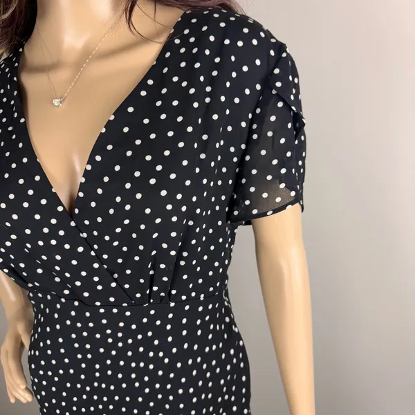 1990s VTG Dani Max Black & White‎ Polka Dot Rockabilly Maxi Dress w Ruffle Sz 14 - Image 4